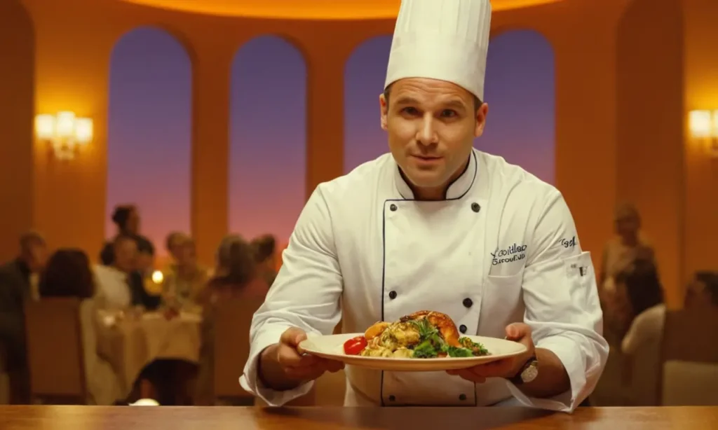 Un chef con un plato de cocina exquisita contra un fondo cálido.