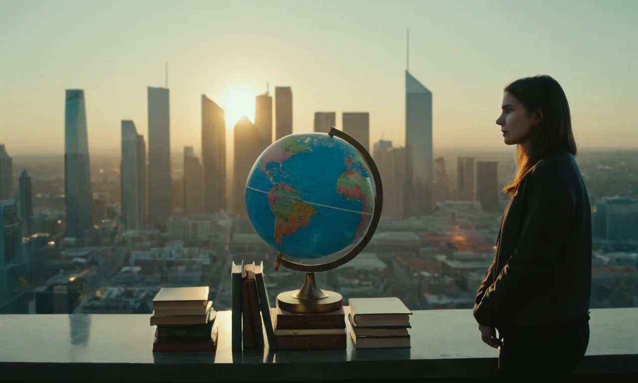 Una persona frente a un paisaje urbano con un globo y libros que los rodean.