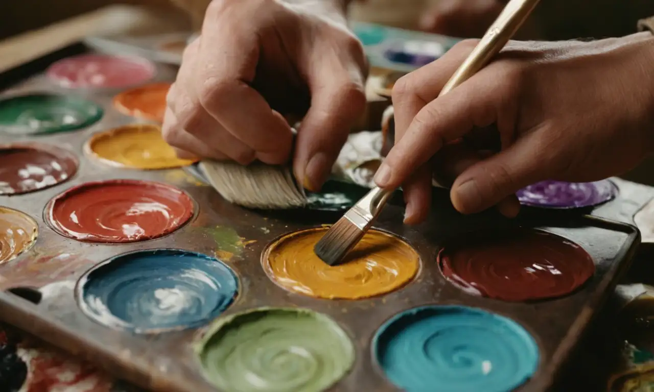 Las manos de los artistas sostienen un pincel y una paleta entre colores giratorios.