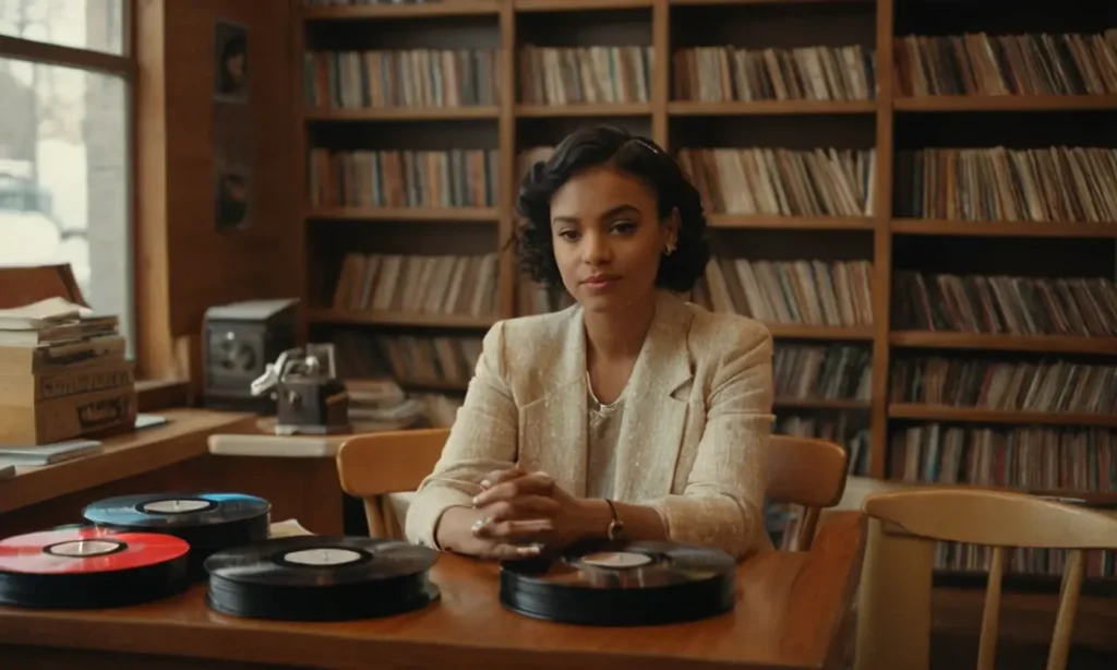 Una persona con ropa vintage sentada en una cafetería rodeada de discos de vinilo y libros.