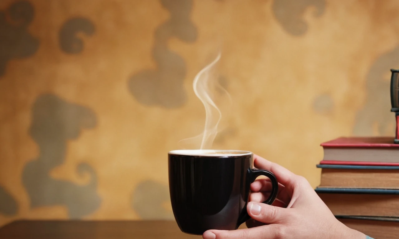 Una persona que sostiene una taza de café frente a un fondo vintage con libros dispersos.