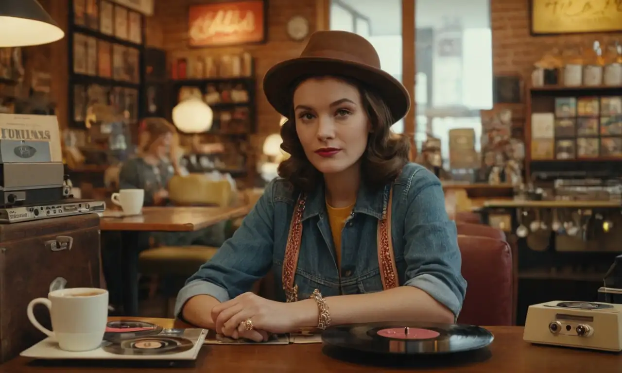 Una persona que llevaba ropa vintage sentada en una cafetería rodeada de artículos retro y registros de vinilo.