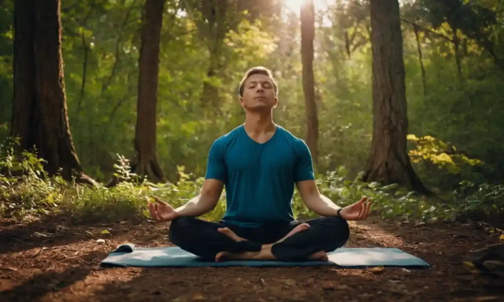 Una persona meditando en la naturaleza con elementos que los rodean