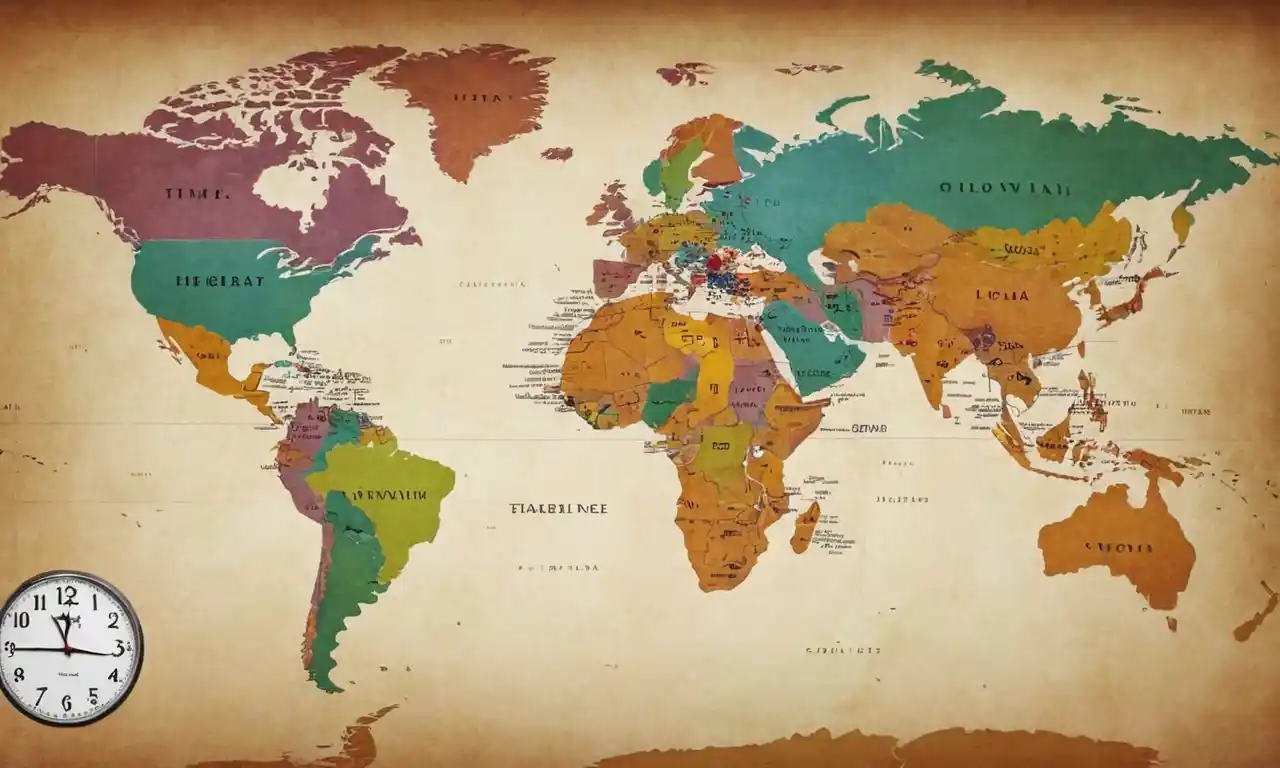 Un mapa mundial que muestra zonas horarias con relojes y etiquetas indicando diferentes regiones y diferencias de tiempo.