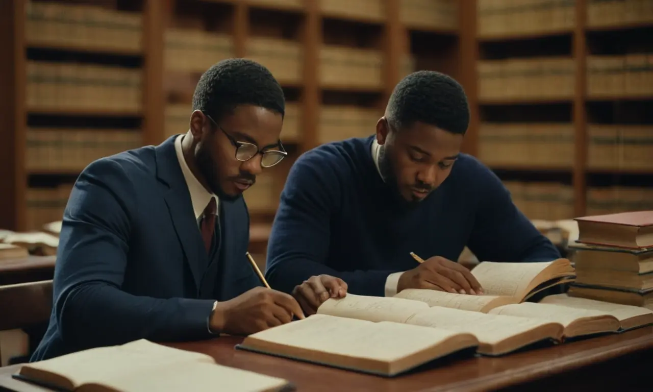 Scholars analizando documentos con notas y libros en un entorno de biblioteca.