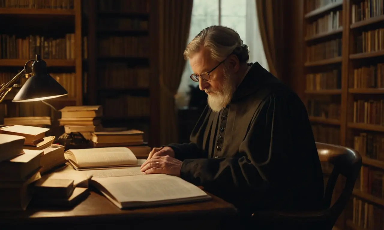 Un erudito escribiendo en un ordenador rodeado de libros y papeles.