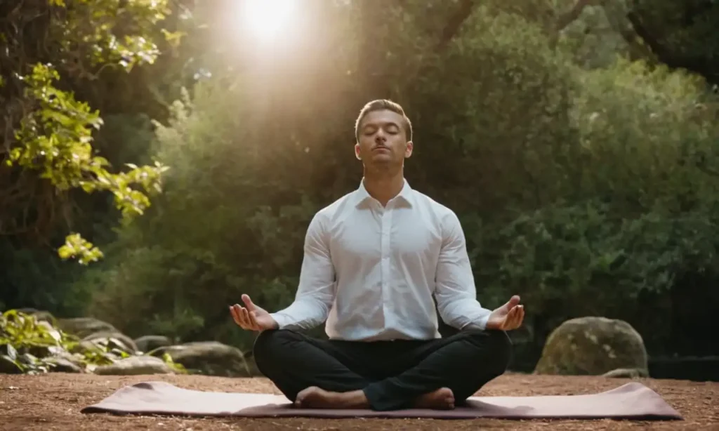 Una persona meditando en un entorno pacífico con sutiles indicios de pensamientos y emociones subconscientes.