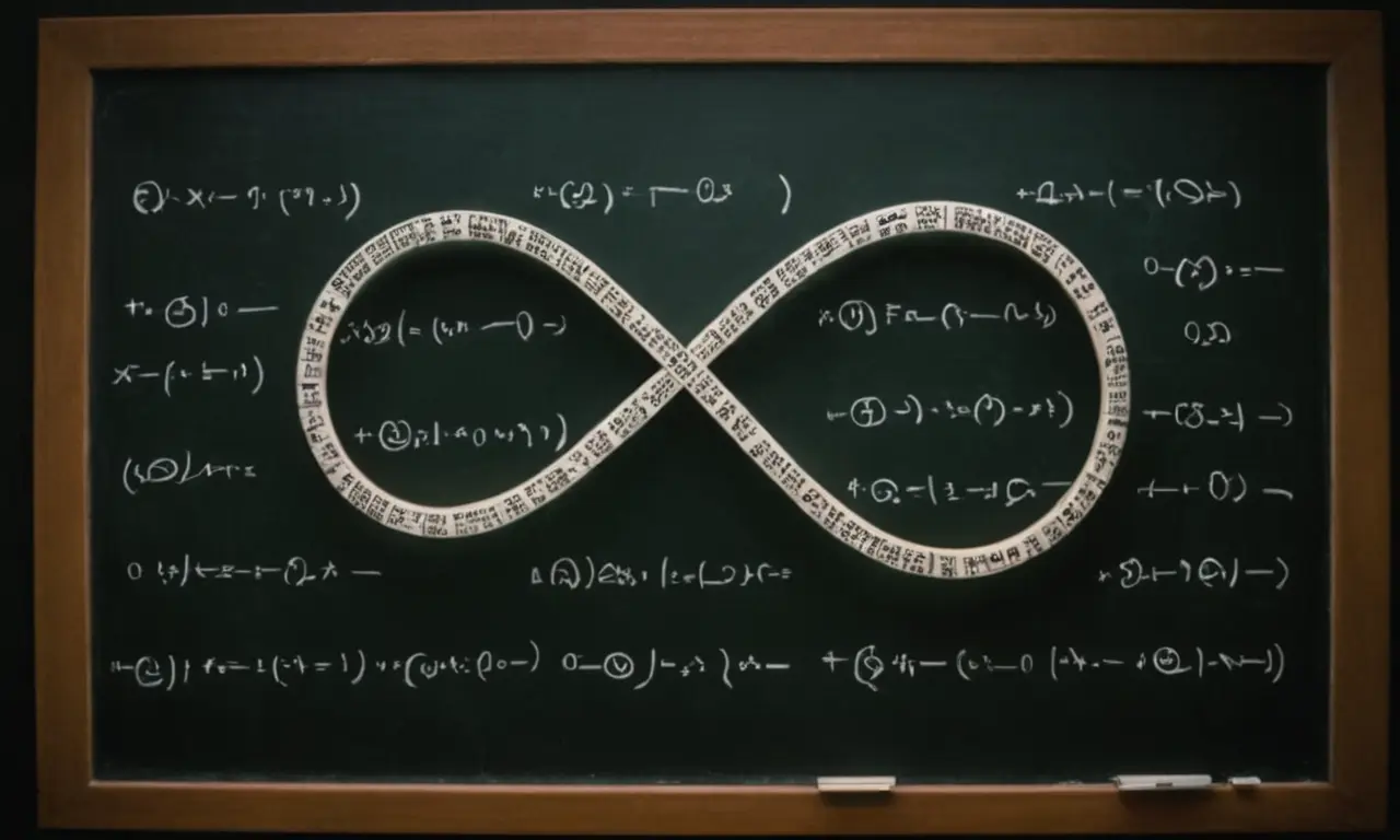 Símbolo infinito ∞ flotando sobre fórmulas matemáticas en una pizarra.