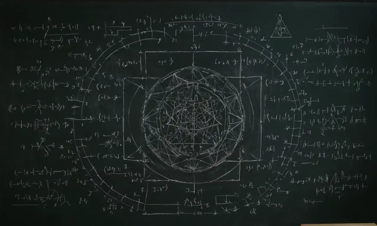 Formas geométricas y fórmulas matemáticas que rodean el símbolo ∞ en un pizarrón.