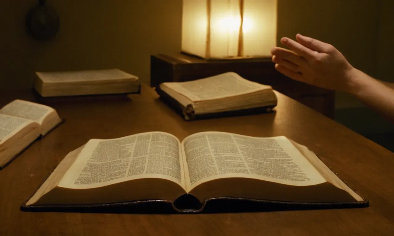 Una Biblia se abrió sobre una mesa con una persona mirando las páginas con pensamientos.