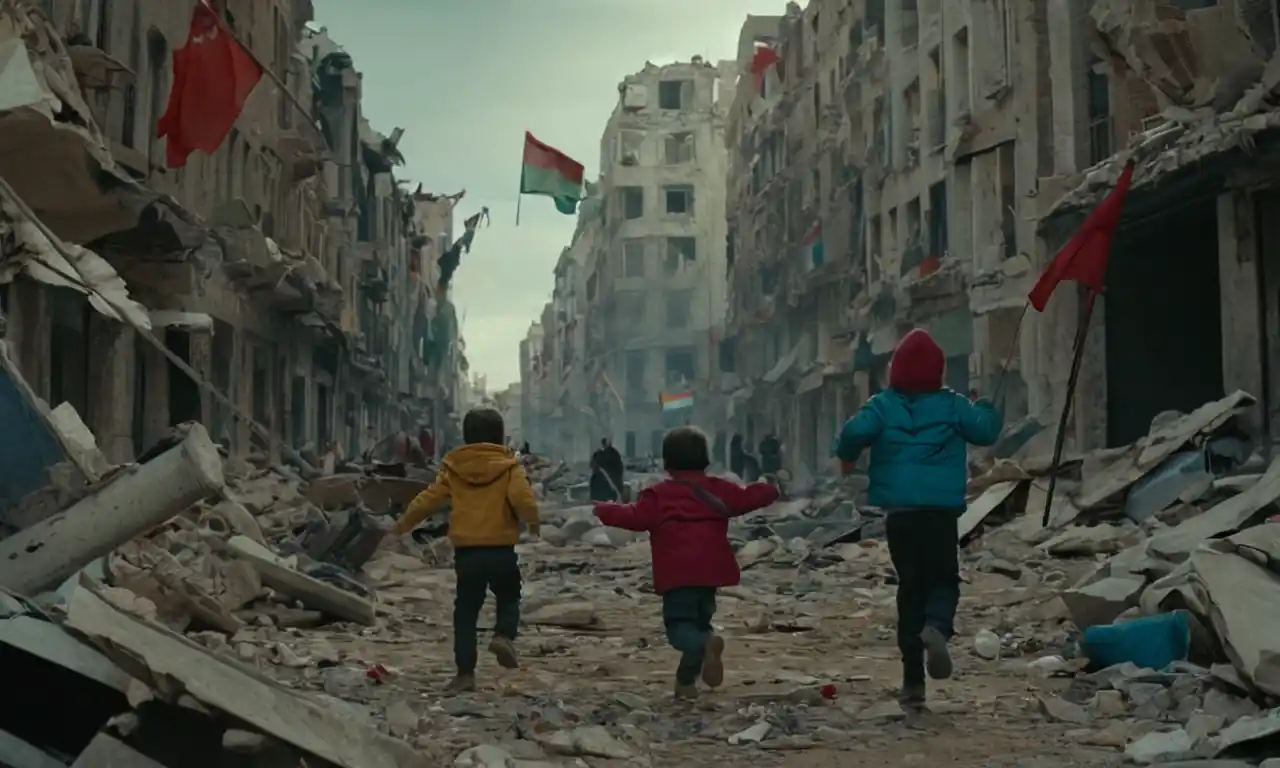 Niños jugando en medio de paisajes urbanos devastados por la guerra con banderas rotas y escombros.