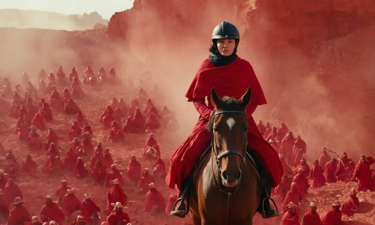 Una figura a caballo, vestida de rojo, cabalgando hacia el espectador en medio de un fondo caótico.