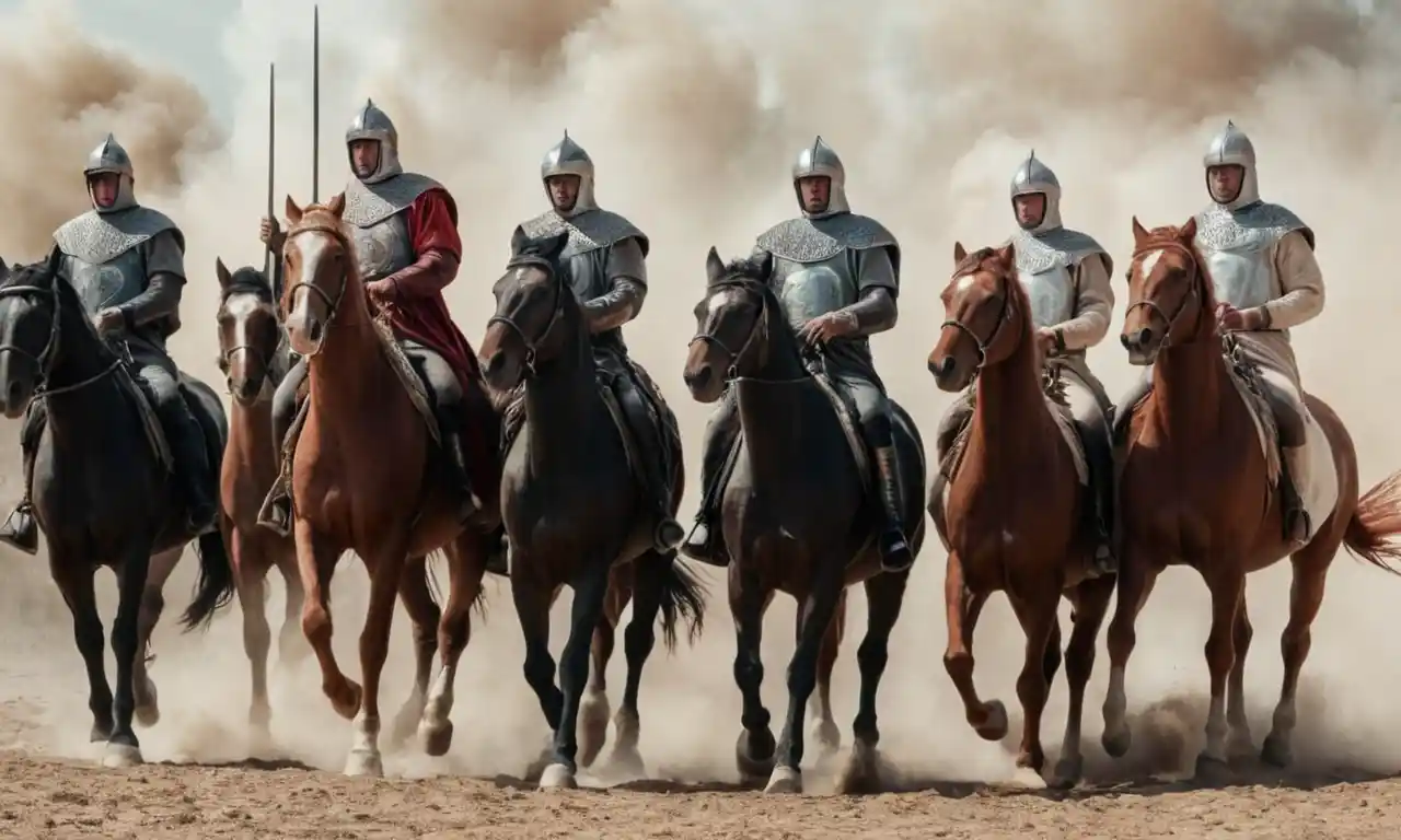 Cuatro jinetes sobre caballos blancos, rojos, negros y pálidos, representados en una ilustración de estilo antiguo con un fondo sutil.