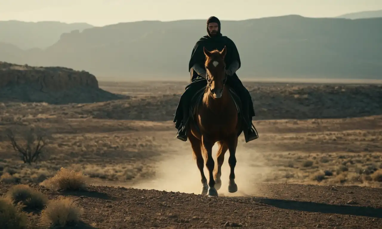 Una misteriosa figura montando un caballo en medio de un paisaje desolado.