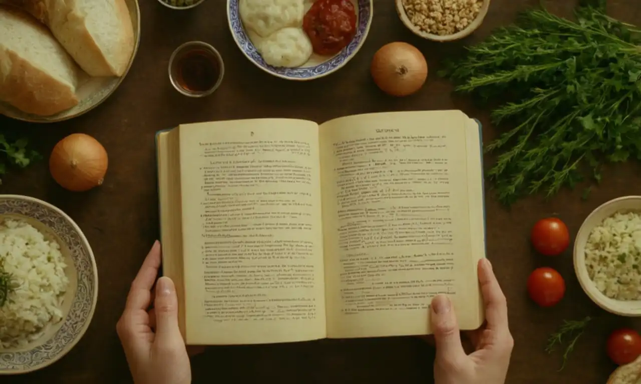 Las manos sostienen un libro de cocina judío rodeado de ingredientes y utensilios de cocina kosher.