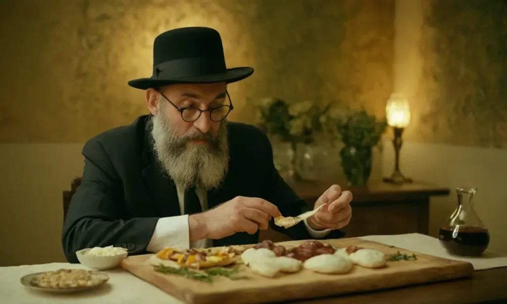 Un rabino examinando un producto alimenticio certificado por kosher en una mesa.