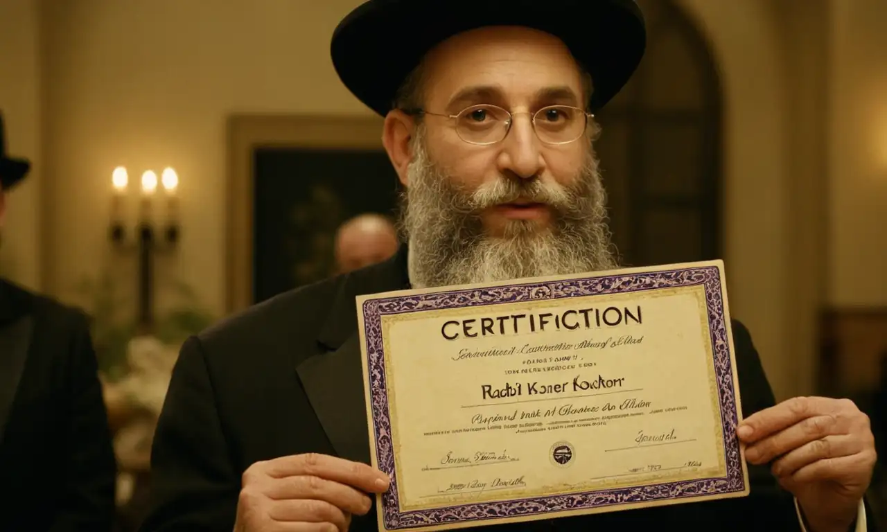 Rabino conteniendo una etiqueta de certificación para los productos alimenticios kosher.