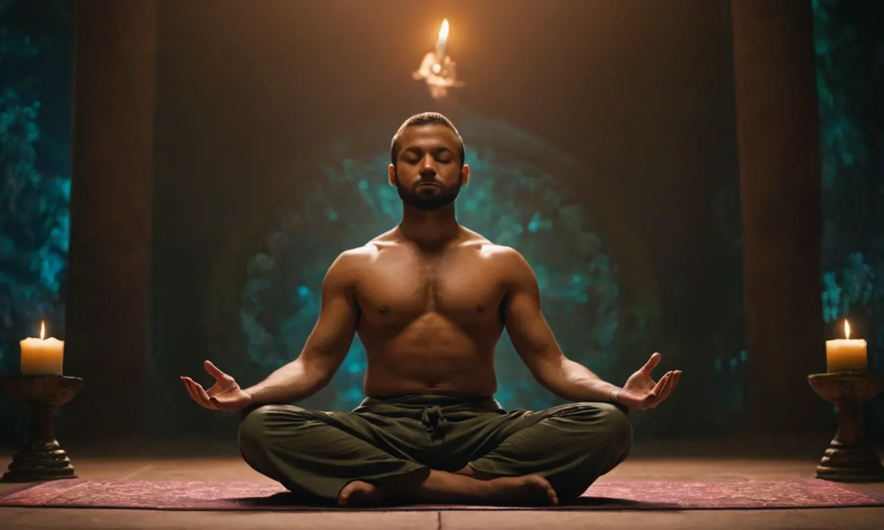 Una persona meditando en un ambiente pacífico con símbolos religiosos sutiles.