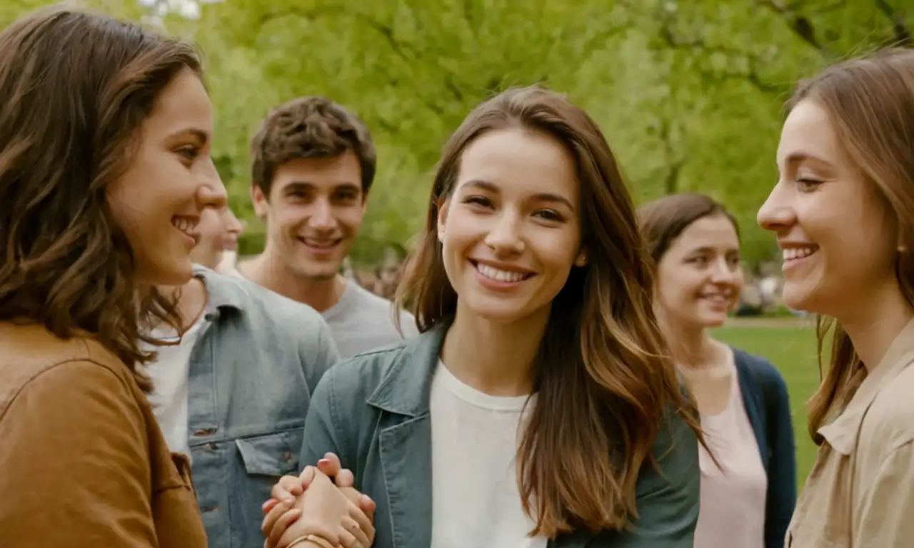 Una persona sonriendo mientras agarraba las manos con amigos en un parque.