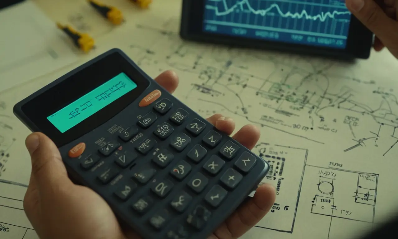 Científico sosteniendo una calculadora y rodeado de diagramas de circuitos eléctricos.