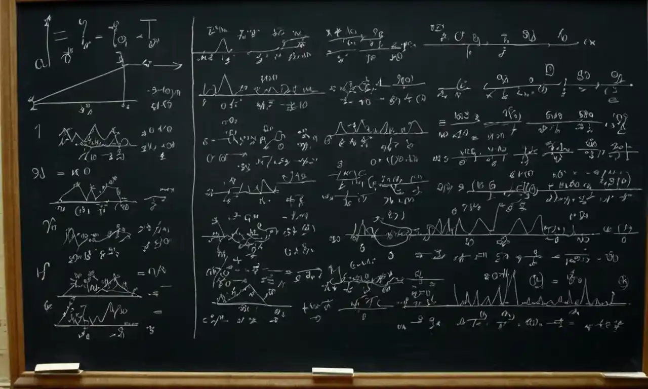 Fórmulas y gráficos matemáticos en una pizarra.