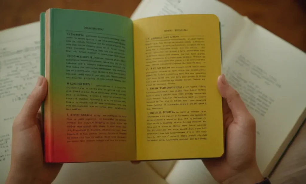 Una persona con un libro o revista colorido con palabras descriptivas en las páginas.