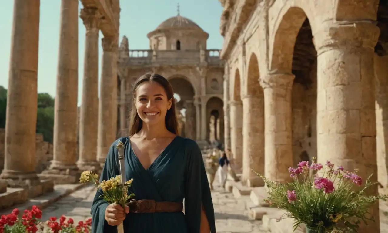 Una mujer sonriendo, con una espada y flores en su mano, rodeada de arquitectura antigua.