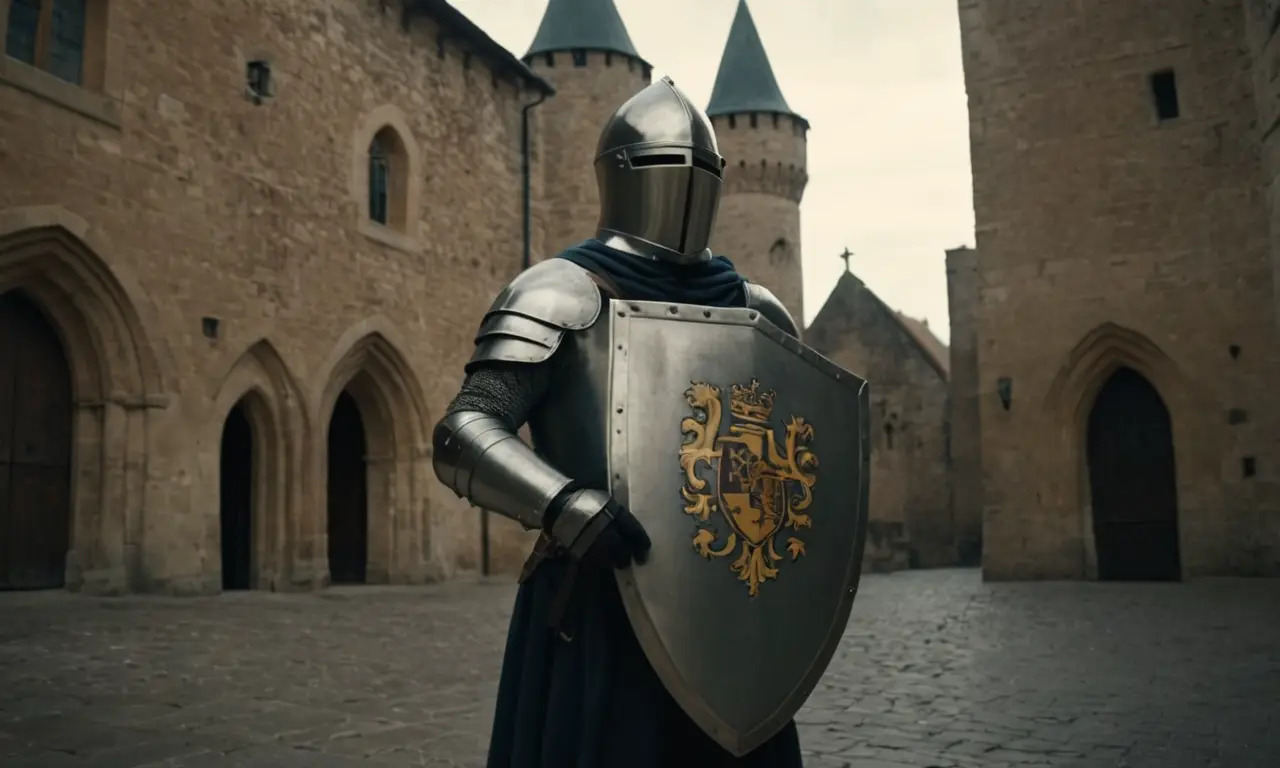 Un caballero que sostiene un escudo con un escudo de armas, rodeado de arquitectura medieval.