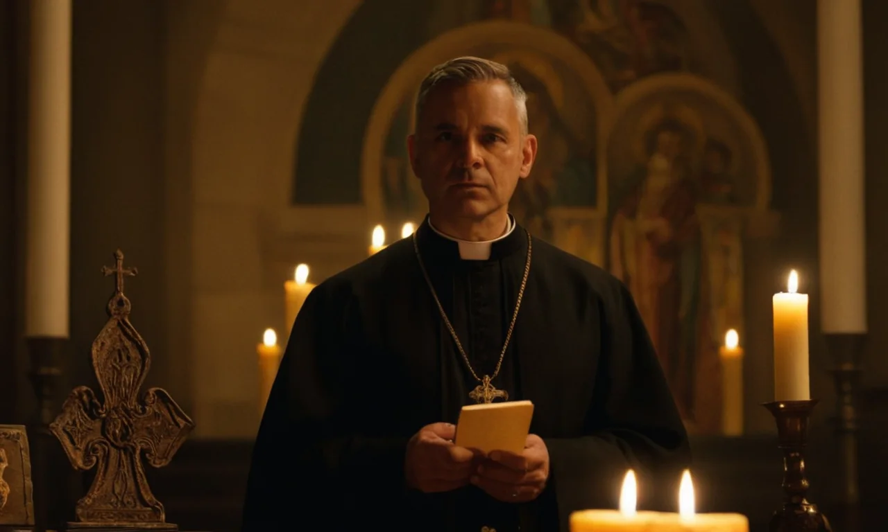 Un sacerdote católico que sostiene un libro santo y una vela, rodeado de símbolos de rituales sagrados.