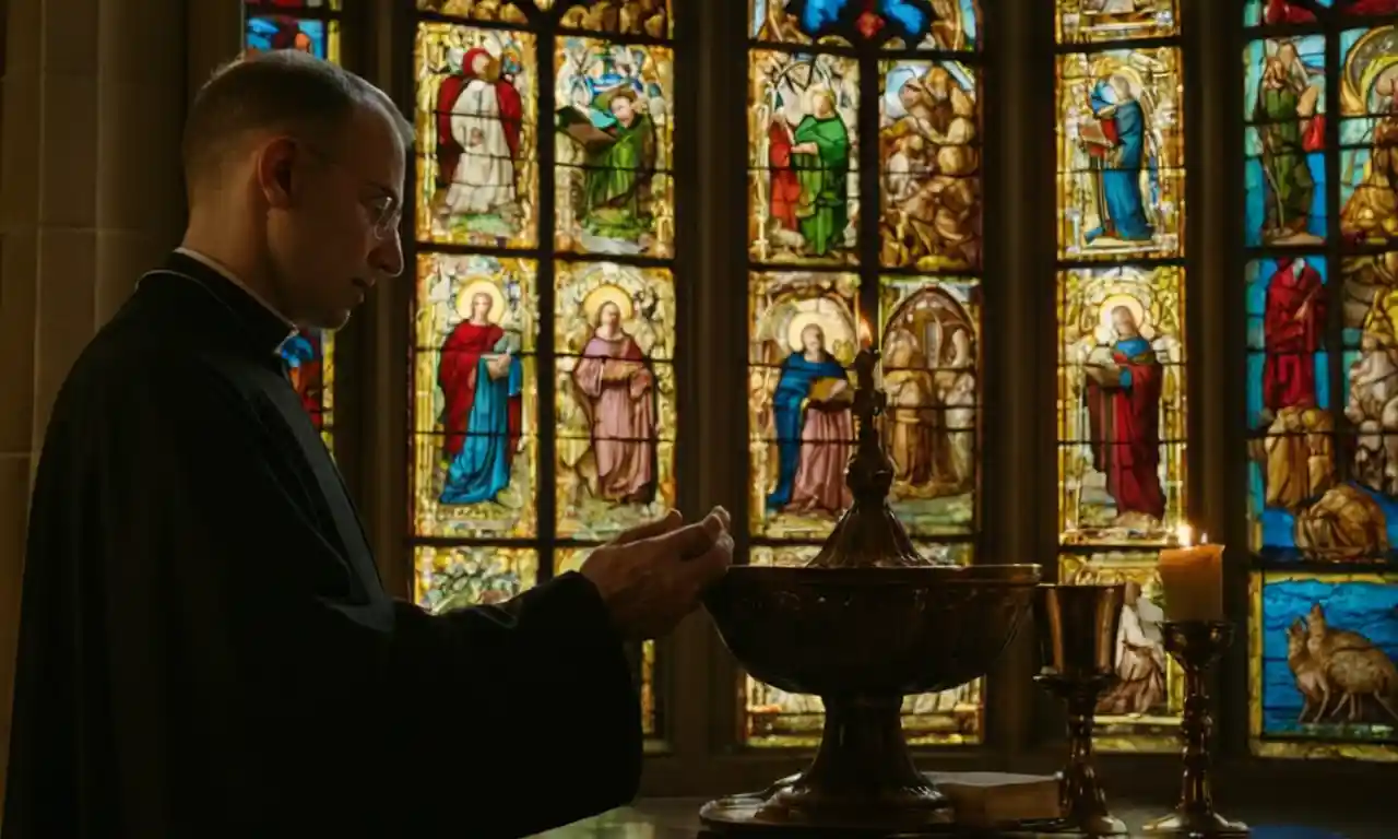 Sacerdote sosteniendo objetos santos delante de una ventana de cristal manchada.