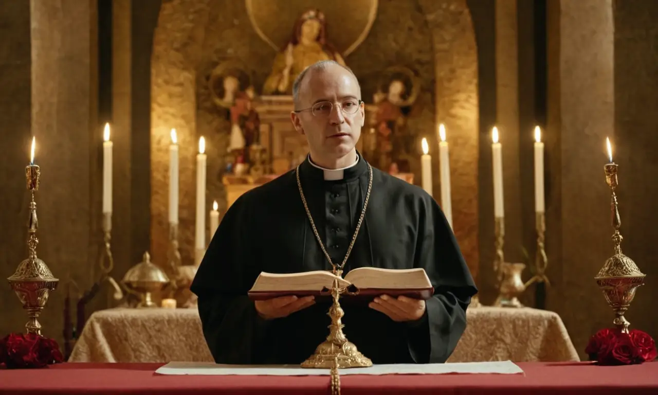 Sacerdote católico celebrando misa delante de un altar con símbolos sagrados.