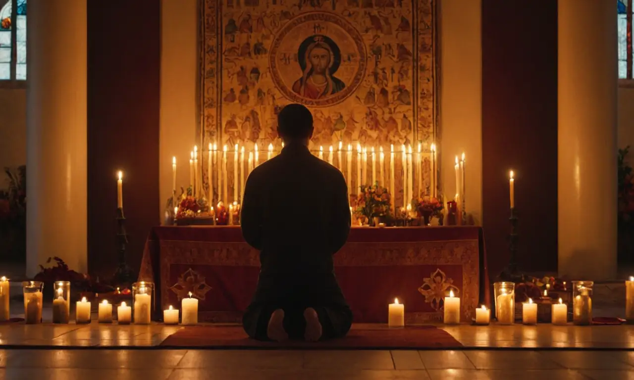 Una persona arrodillada en oración ante un altar con velas y símbolos santos.