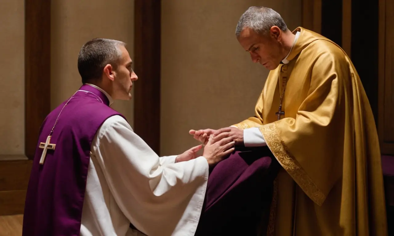 Un sacerdote que administra el sacramento de la reconciliación a un penitente.