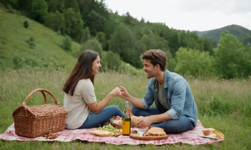 Una persona dedicada a una divertida actividad al aire libre como un picnic o senderismo con amigos.