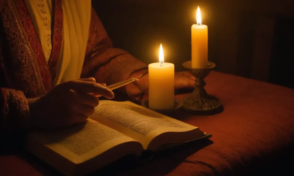 Una persona leyendo un libro sagrado con una vela encendida a su lado.