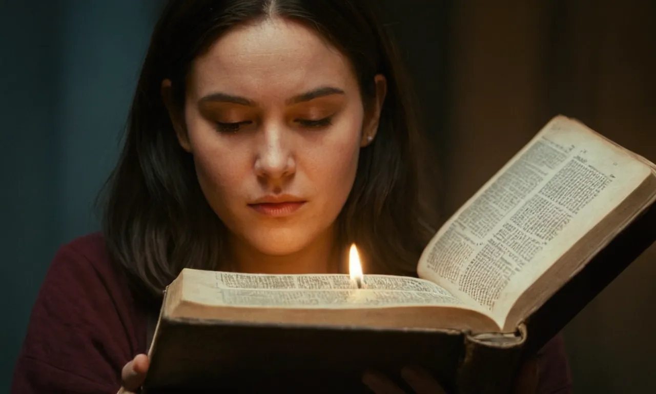 Una persona que sostiene una Biblia abierta con una expresión sombría.