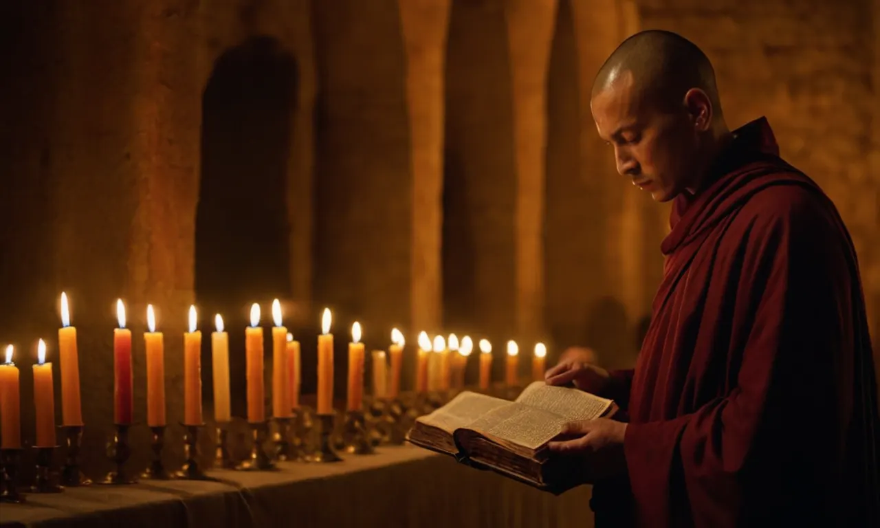 Un monje que sostiene la Biblia en un monasterio encendido, rodeado de velas y textos antiguos.