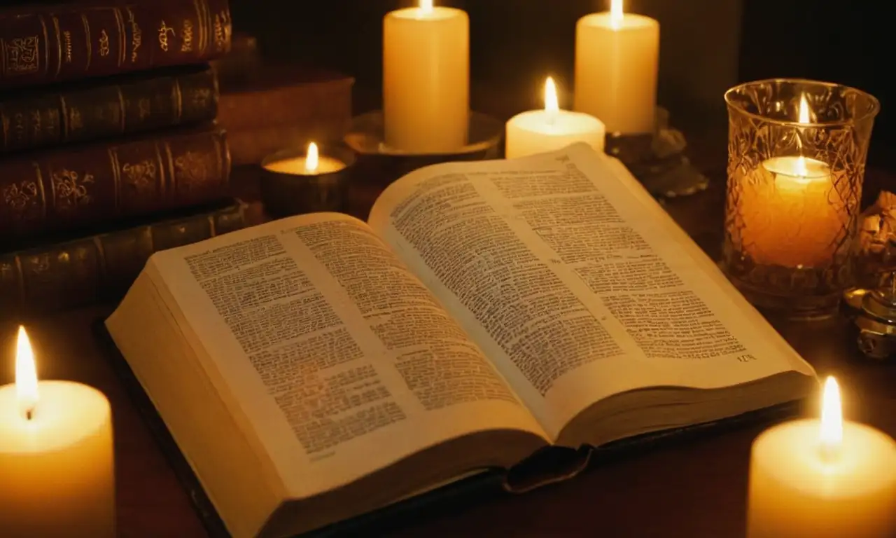 Una Biblia abierta a una página específica con un pasaje destacado, rodeado de velas y objetos lujosos.