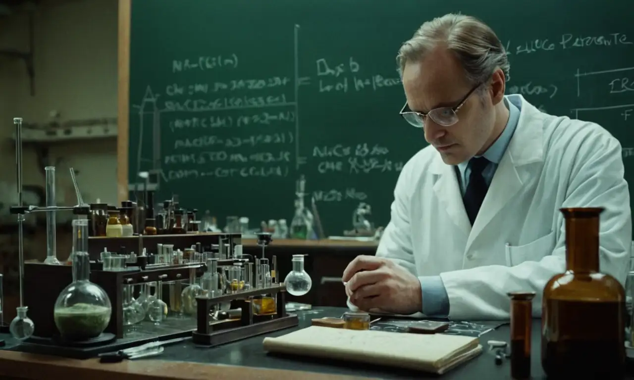 Científico trabajando en un banco de laboratorio con diversos instrumentos científicos y fórmulas escritas en pizarra.