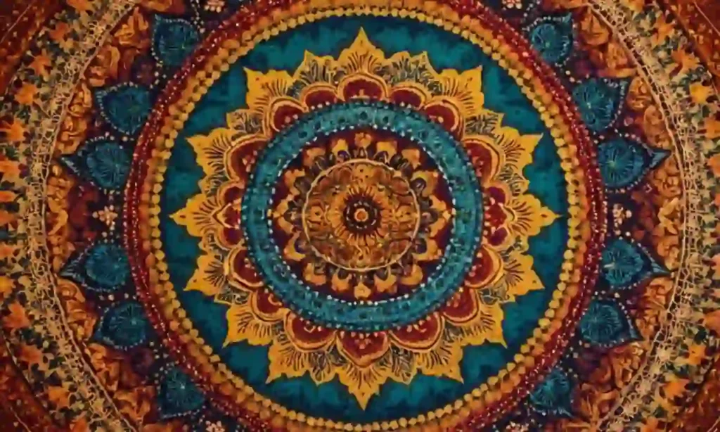 Un patrón de mandala colorido llena el centro de la imagen.