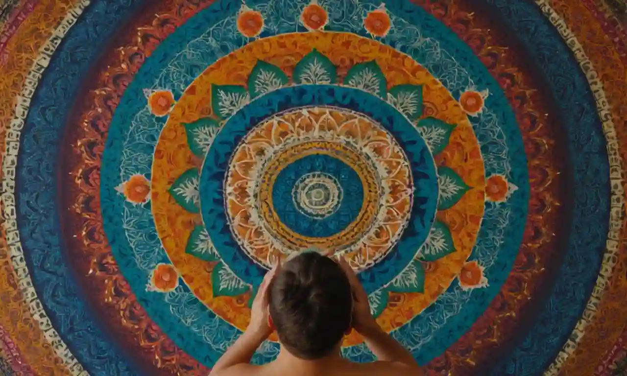 Persona meditando rodeado de coloridos e intrincados diseños de mandala en papel.