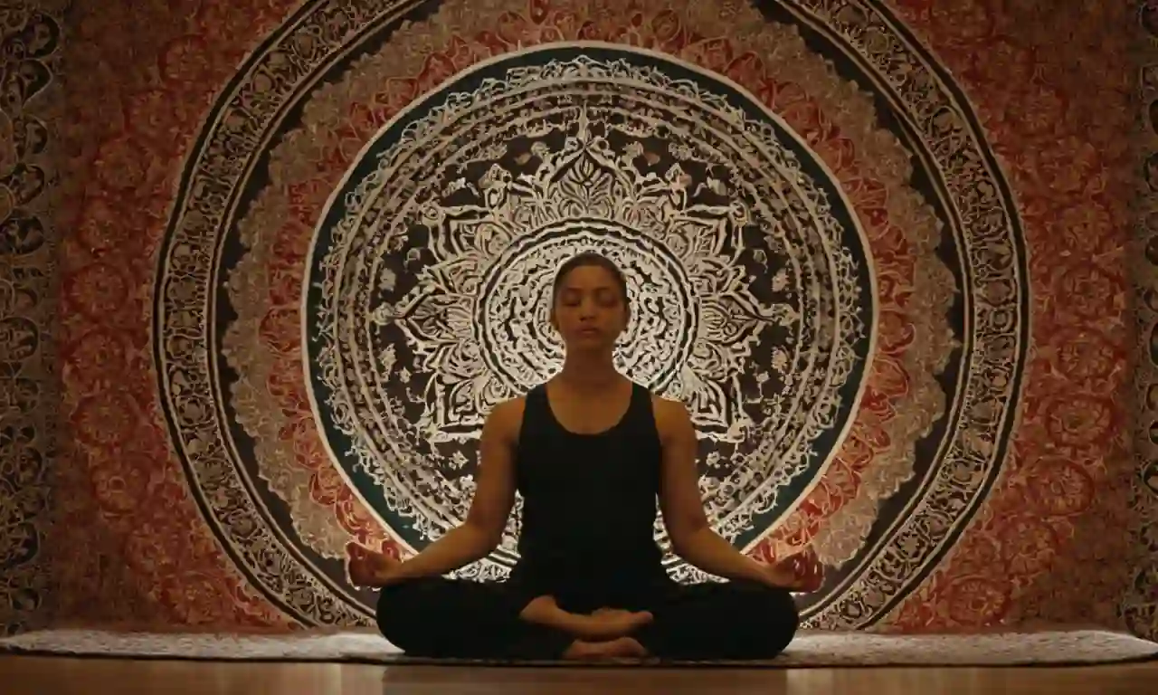 Una persona meditando frente a un patrón de mandala intrincado en un tejido asiático tradicional.