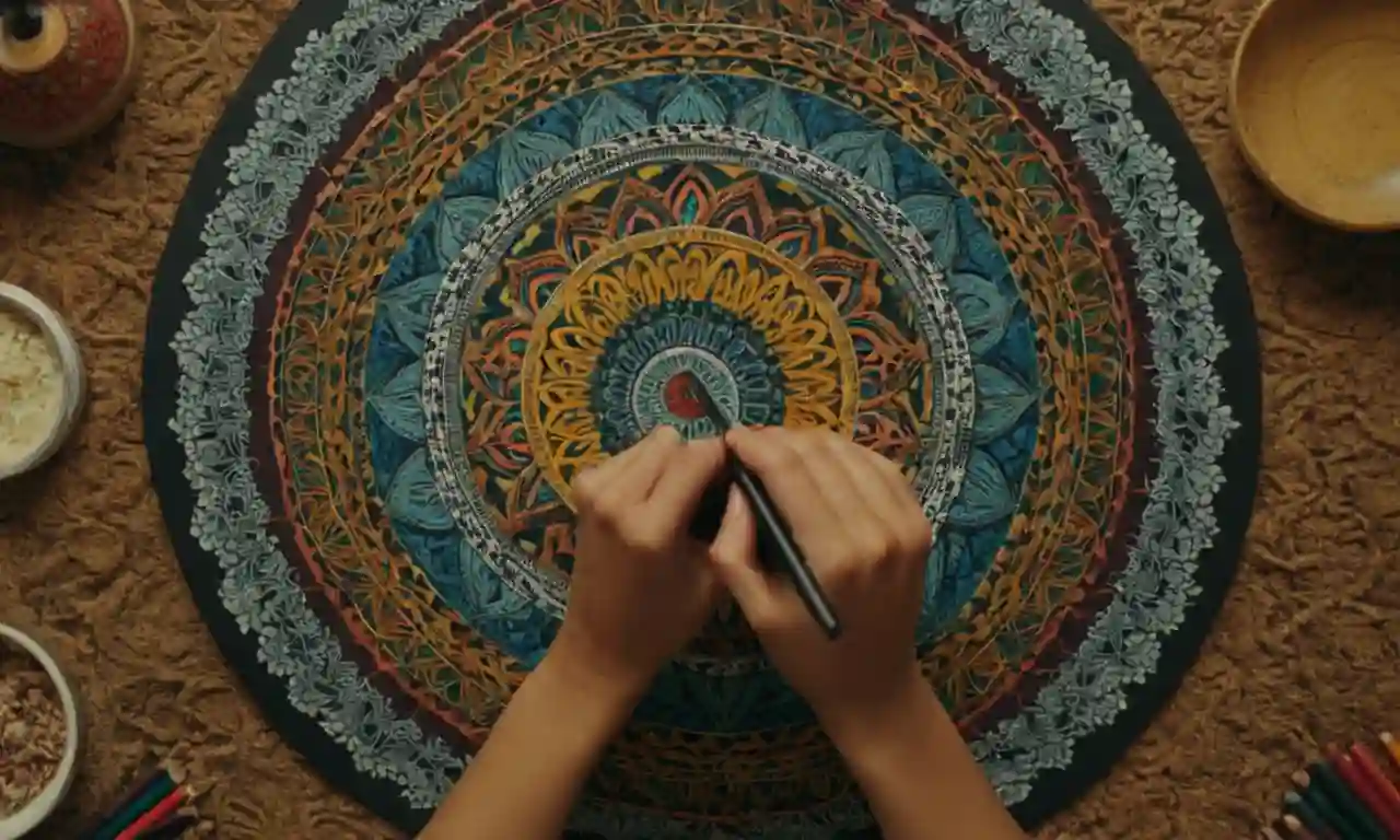 Una persona meditativamente coloreando mandalas intrincadas rodeado de patrones y formas simbólicas.