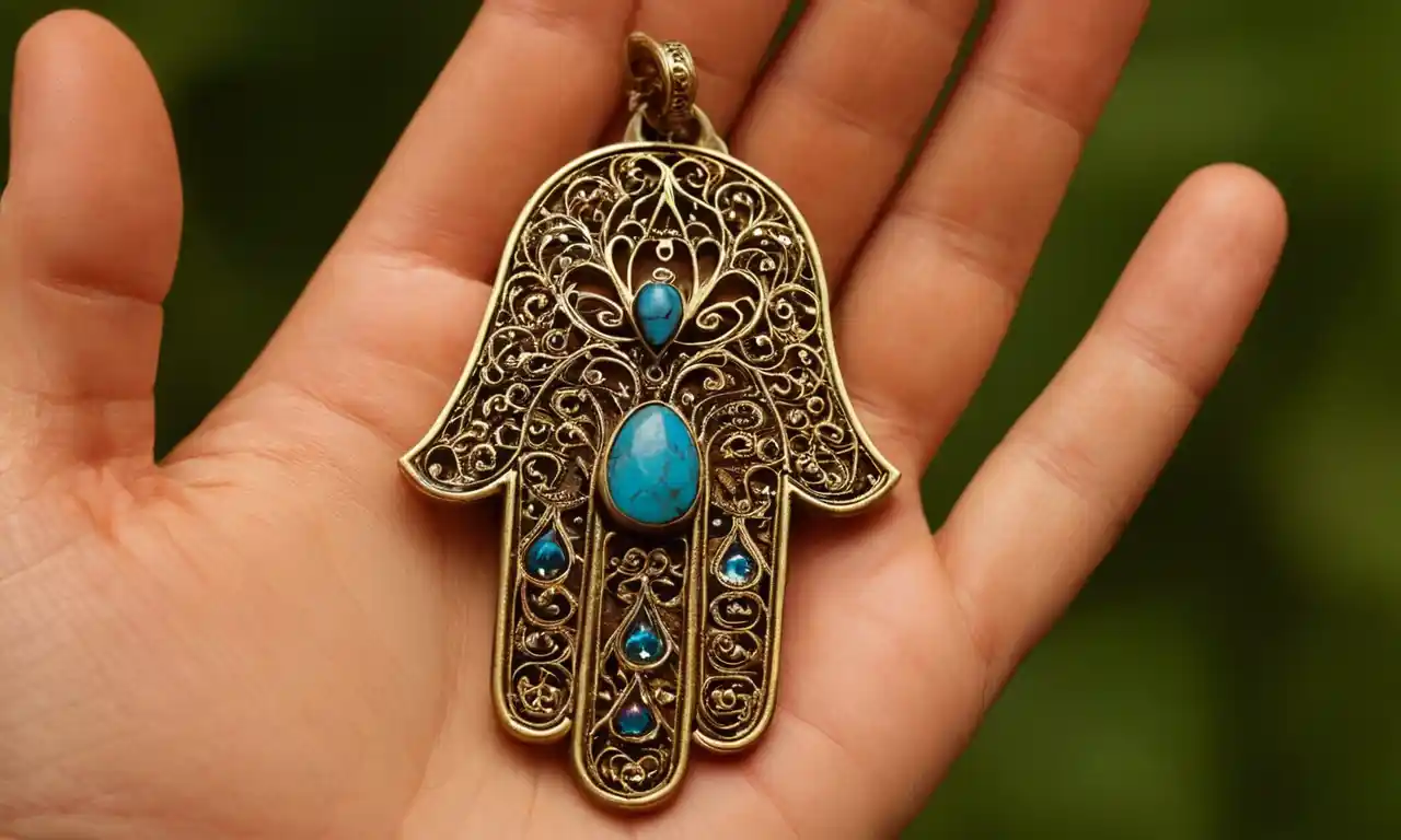 Un amuleto en forma de mano con detalles intrincados, simbolizando las bendiciones y la protección de la Mano Hamsa.