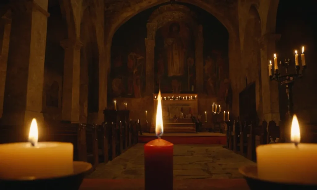 Un antiguo interior de la iglesia con una vela ligeramente iluminada rodeada de iconos simbólicos.