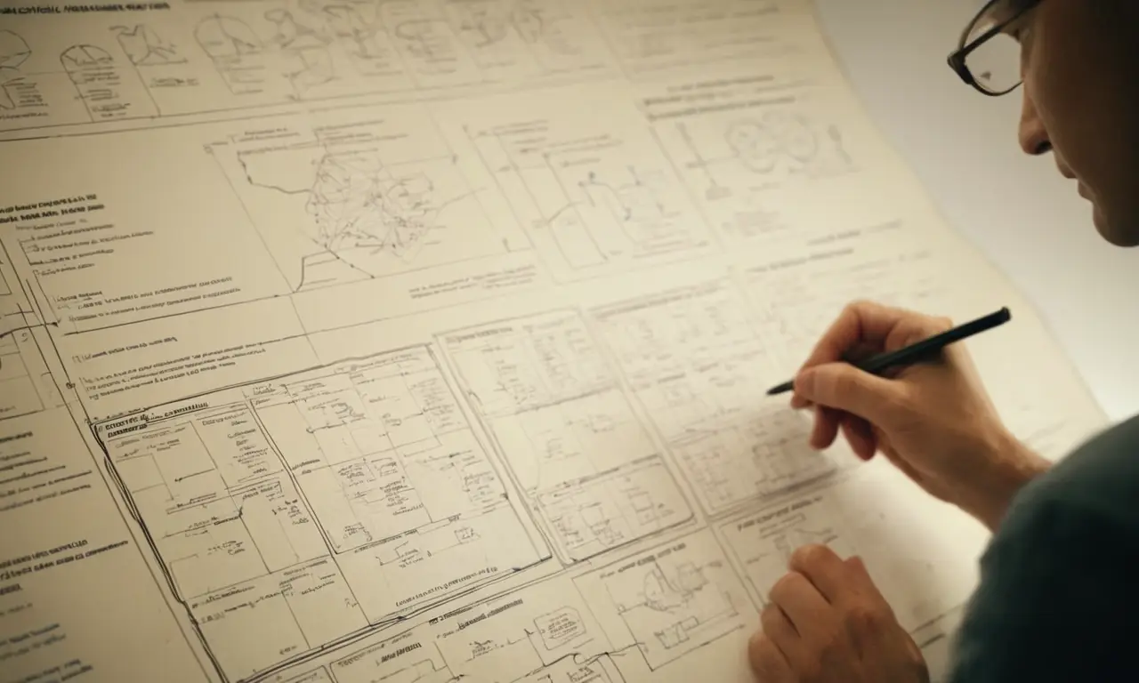 Un investigador que estudia un diagrama de marco teórico con datos y ejemplos de ciencias sociales.