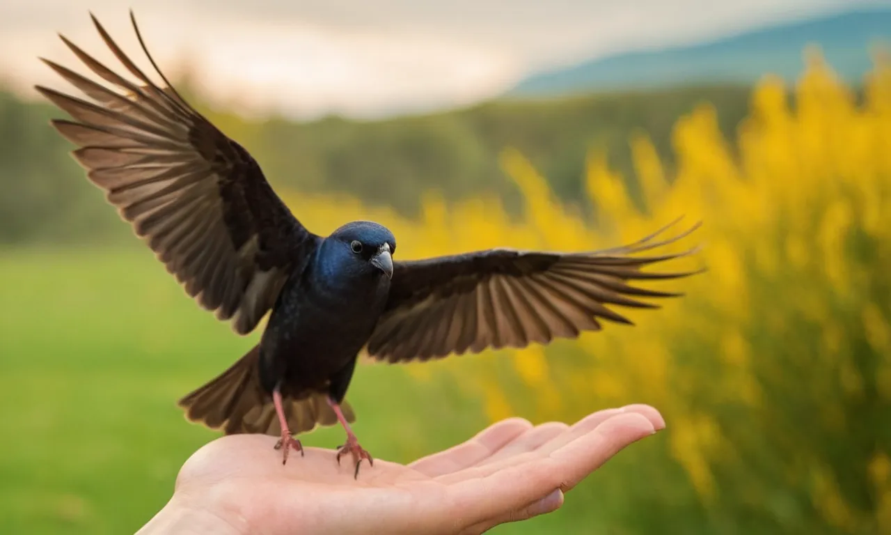 Una persona que sostiene un pájaro en la mano, con un rebaño volando lejos en el fondo.