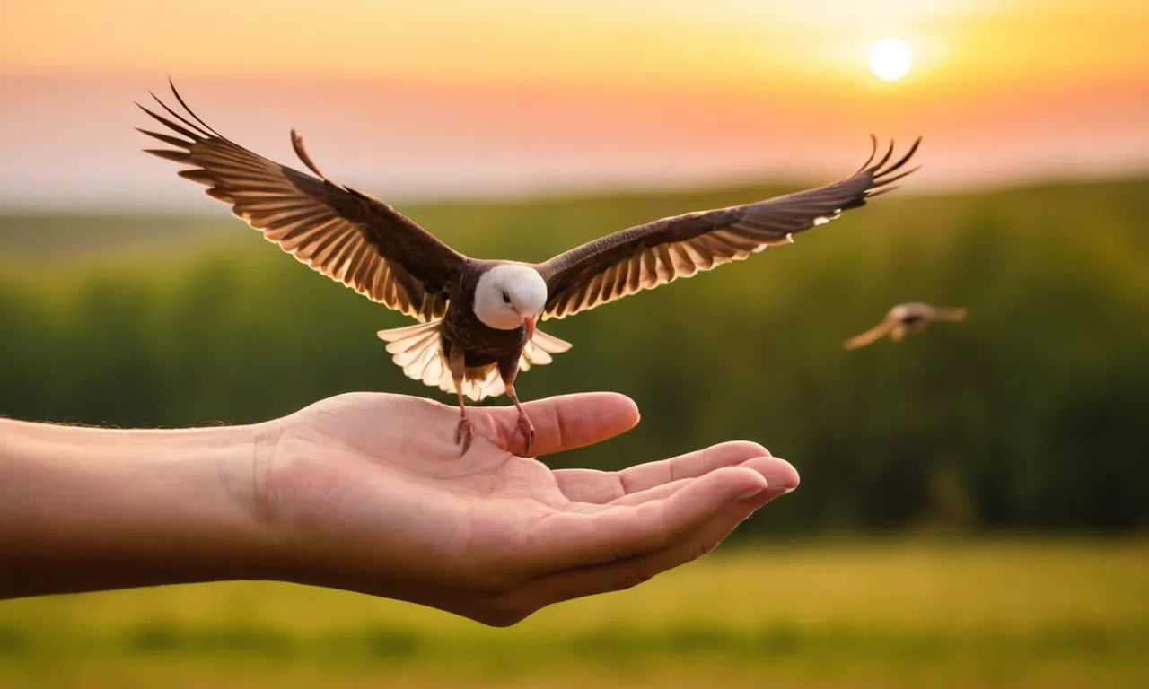 Una persona sosteniendo un ala de pájaros en su mano, con un rebaño volando lejos.