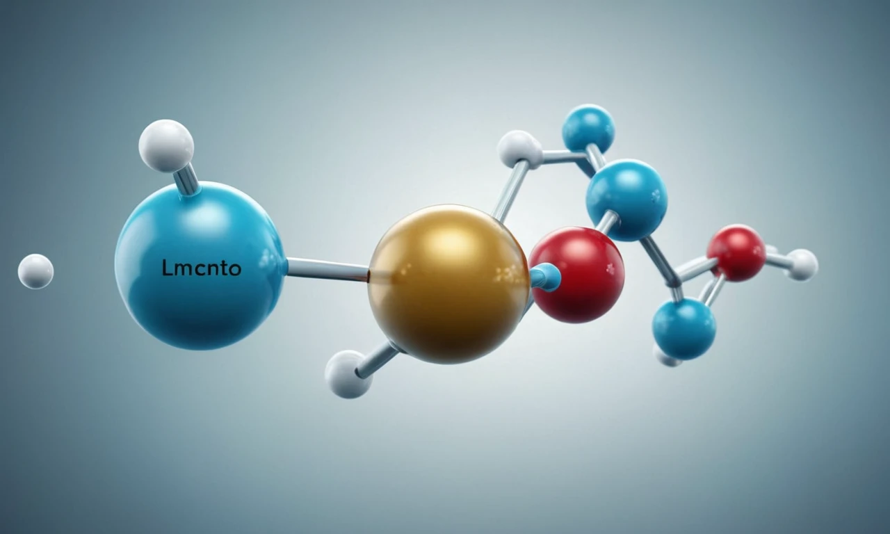 Una estructura molecular con átomos etiquetados, enmarcados en un fondo de fórmulas químicas y símbolos.