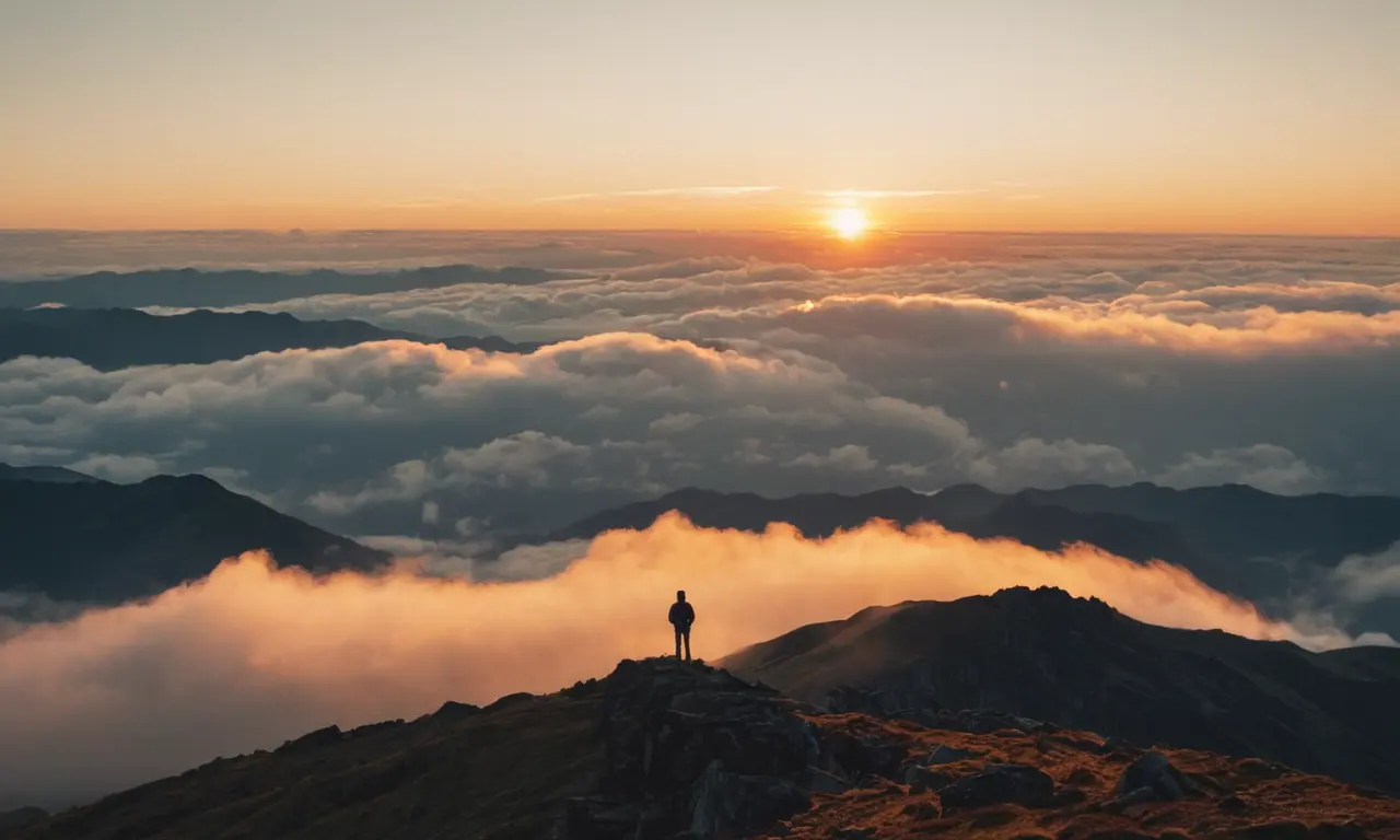 Una persona de pie en la cima de una cordillera, rodeada de nubes y un sol en ascenso.